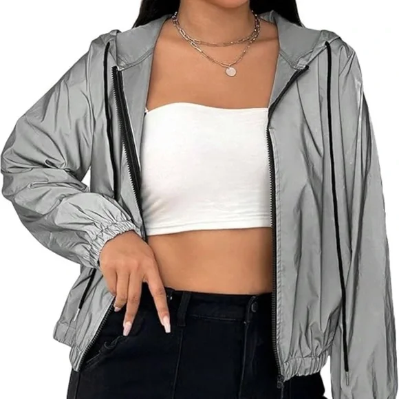 fashion nova women’s gray silver zip up hooded jacket NWT L L64-16